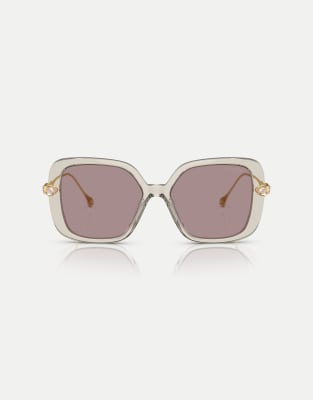 Swarovski - Sk6011 - Rechteckige Sonnenbrille in transparentem Hellbraun mit lila Gläsern