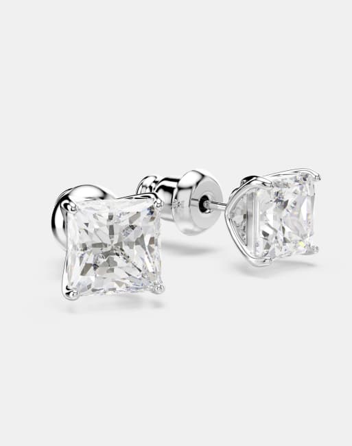 Swarovski Stilla attract stud earrings, square cut, white, rhodium plated in white, rhodium plating, 4 of 4