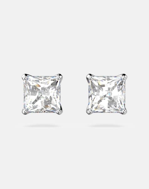 Swarovski Stilla attract stud earrings, square cut, white, rhodium plated in white, rhodium plating - view 1
