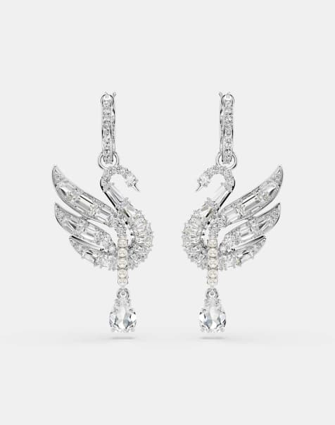 Swarovski Swan earrings, swan, white, rhodium plated in white - view 1