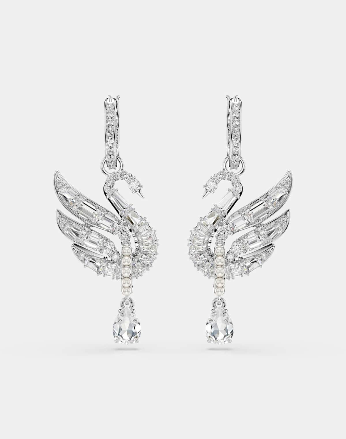 Swarovski Swan earrings, swan, white, rhodium plated in white