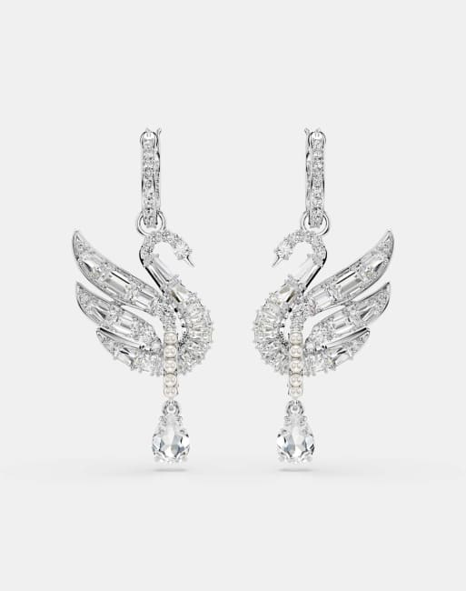 Swarovski Swan earrings, swan, white, rhodium plated in white