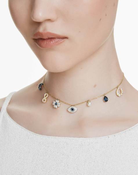 Swarovski Symbolica choker, crystal pearl, moon, infinity, clover, evil eye and horseshoe, blue, gold-tone plated in blue - view 1