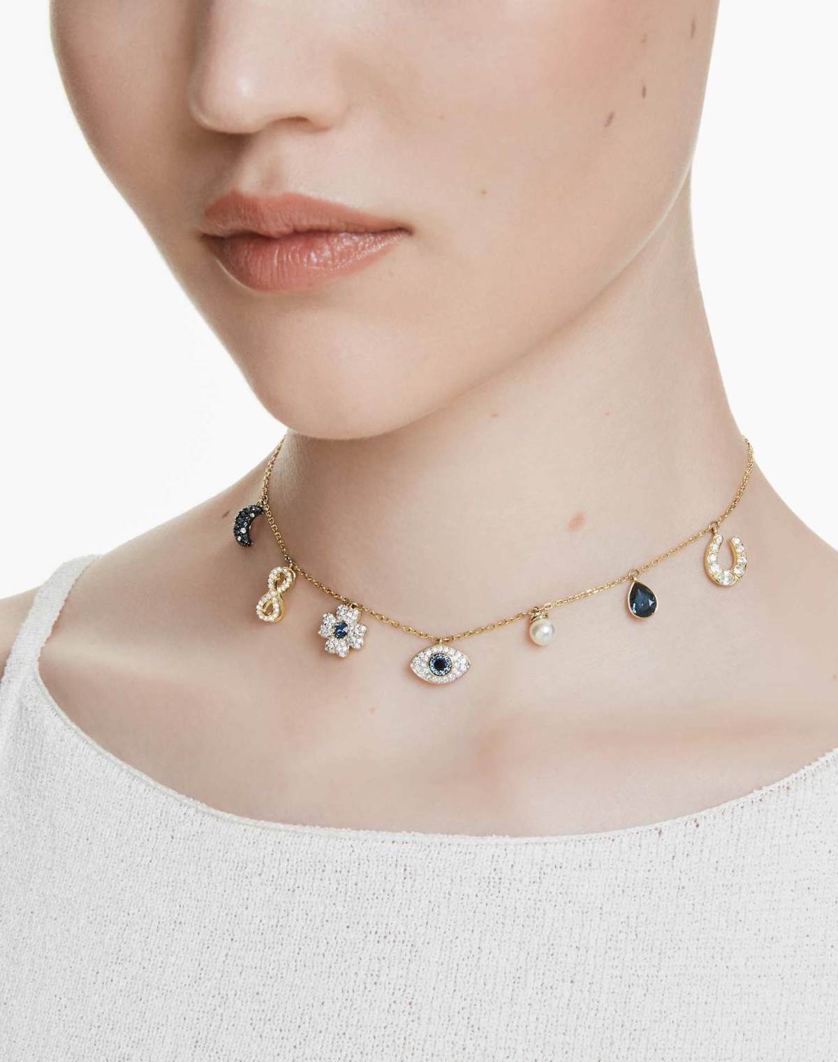 Swarovski Symbolica choker, crystal pearl, moon, infinity, clover, evil eye and horseshoe, blue, gold-tone plated in blue