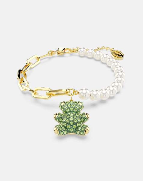 Swarovski Teddy bracelet, crystal pearl, bear, green, gold-tone plated in green - view 1