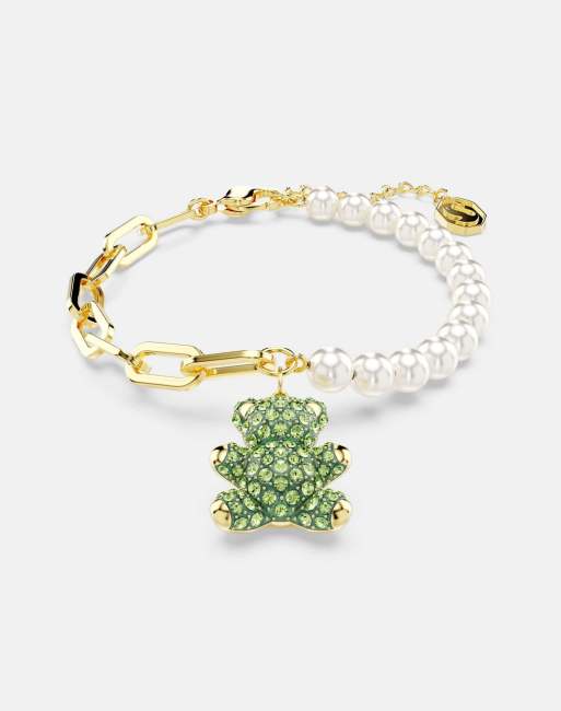 Swarovski Teddy bracelet, crystal pearl, bear, green, gold-tone plated in green