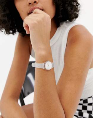 Swatch LK343E Silver Glistar Glitter Silicone Watch in Silver | ASOS