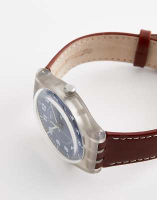 Swatch SUOK709 Vent Brulant Leather Watch In Brown | ASOS