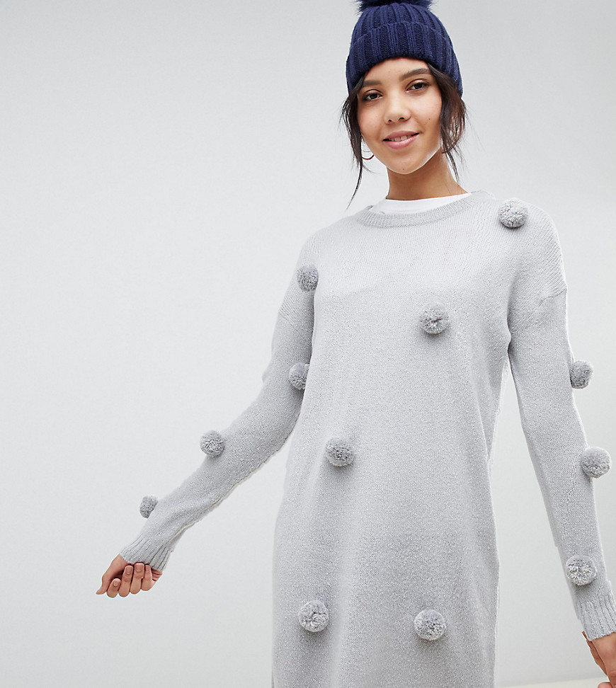 Sweaterkjole med glimmer pom-pommer fra Brave Soul Tall-Grå