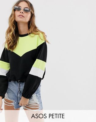 Sweatshirt med snøre med løbesnor og farveblok i neon fra ASOS DESIGN Petite-Sort