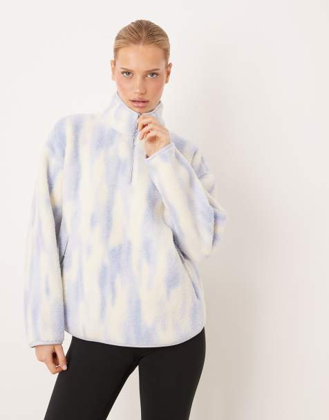 Sweaty Betty – Blå mönstrad fleecetröja i fluffigt tyg med halvlång dragkedja - view 1