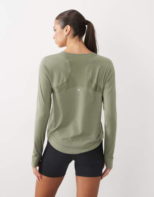 Sweaty Betty breathe easy mesh long sleeve top in dark green, 3 of 4