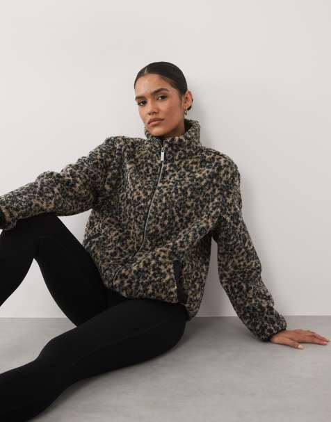Sweaty Betty plush fleece contrast zip up jacket in brown ink leopard print - view 1