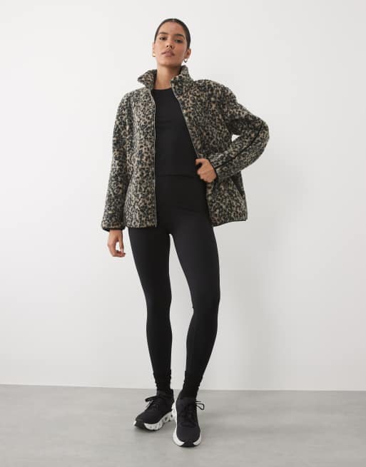 Sweaty Betty plush fleece contrast zip up jacket in brown ink leopard print, 3 of 4