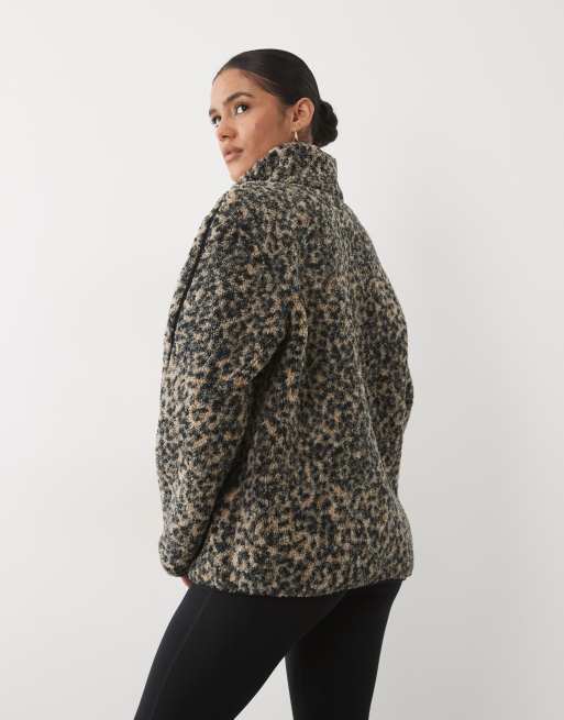 Sweaty Betty plush fleece contrast zip up jacket in brown ink leopard print, 4 of 4