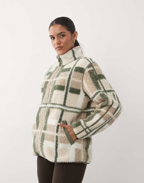 Sweaty Betty plush fleece contrast zip up jacket in check print - view 1
