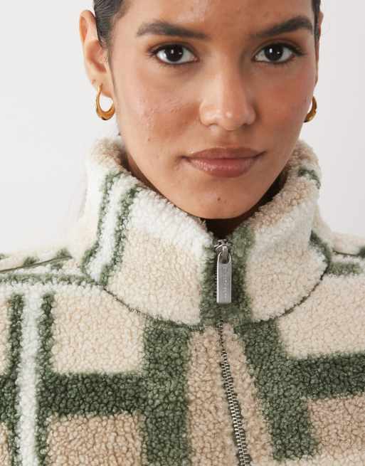 Sweaty Betty plush fleece contrast zip up jacket in plaid print, 2 of 4