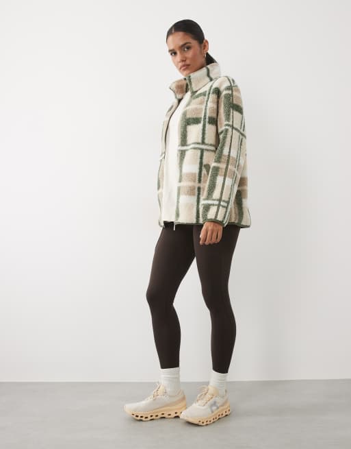Sweaty Betty plush fleece contrast zip up jacket in plaid print, 3 of 4