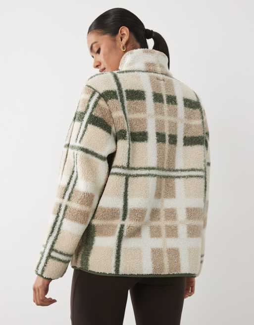 Sweaty Betty plush fleece contrast zip up jacket in plaid print, 4 of 4