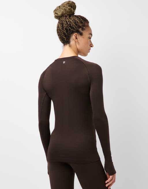 Sweaty Betty textured seamless linear lines long sleeve top in espresso brown, 4 of 4