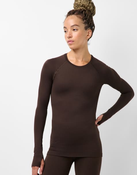Sweaty Betty top a maniche lunghe testurizzato senza cuciture con linee lineari, marrone espresso - view 1