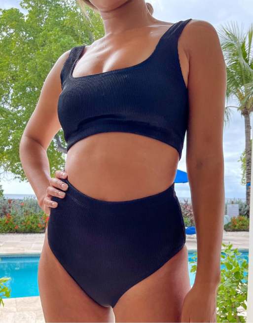Swim Society – Roxy – Czarny prążkowany top od bikini o krótkim fasonie