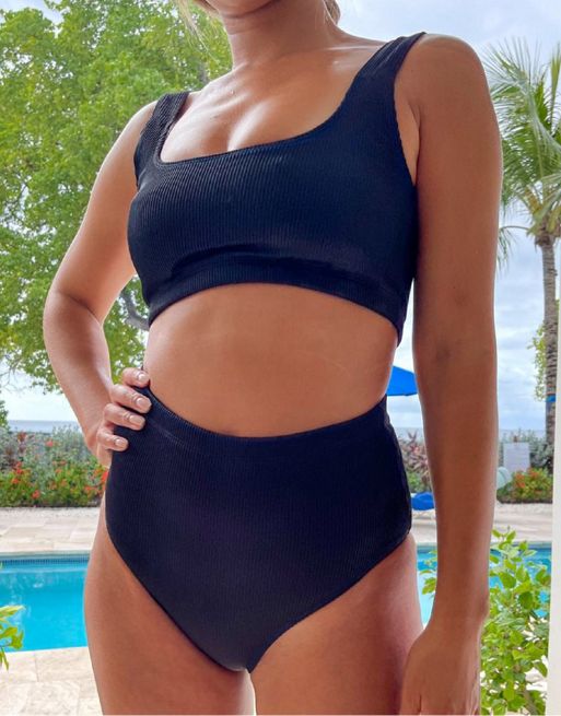 Swim Society roxy high leg high waist ribbed bikini bottom in black