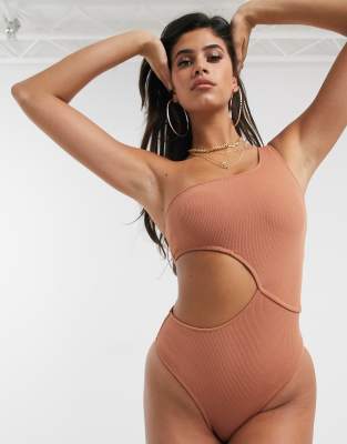 cutout ribbed one shoulder swimsuit