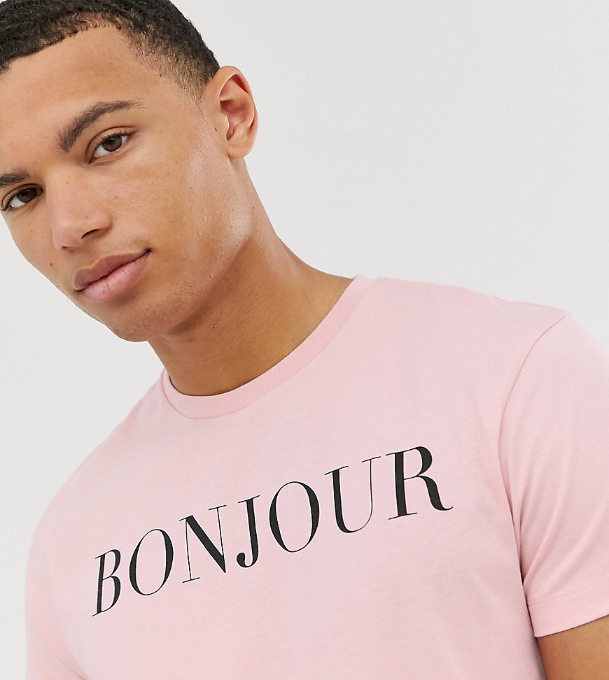 T-shirt med 'bonjour' print og oprullede ærmer fra ASOS DESIGN Tall-Pink