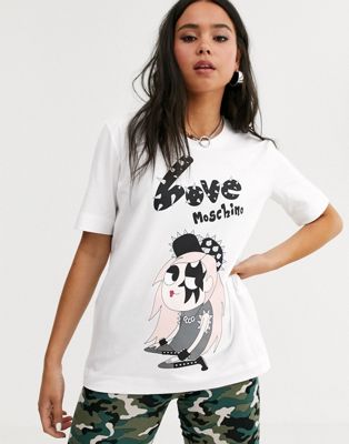 T-shirt med 'punk girl'-print og logo fra Love Moschino-Hvid