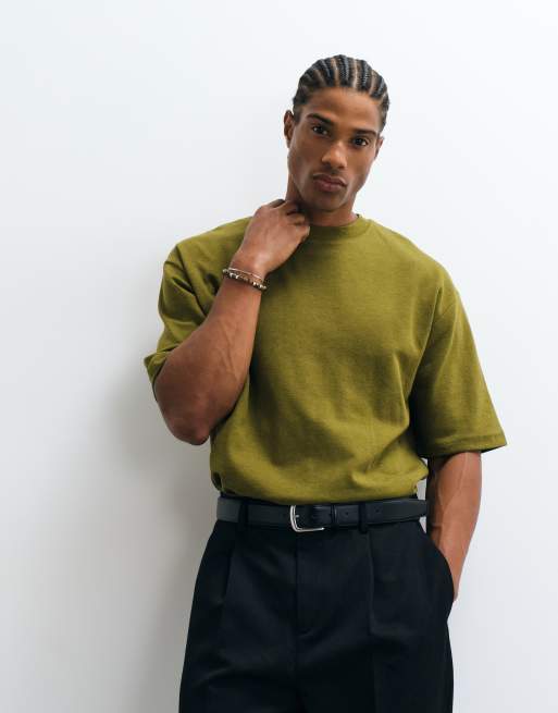 T-shirt oversize épais sélectionné en vert olive, 2 de 5