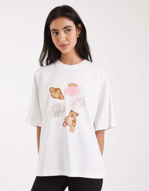 T-shirts - Oversized T-shirt met behaaglijke grafische print in crème