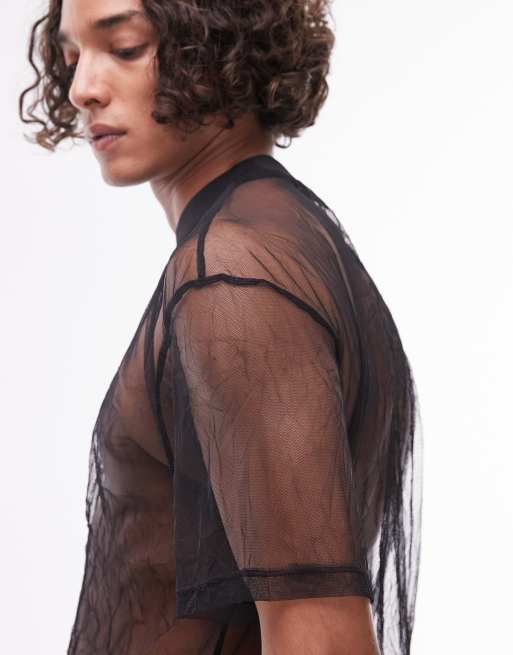 T-shirts - T-shirt van mesh met oversized pasvorm en korte mouwen in zwart, 2 van 4