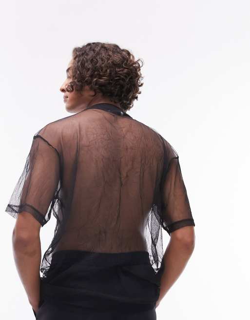 T-shirts - T-shirt van mesh met oversized pasvorm en korte mouwen in zwart, 3 van 4