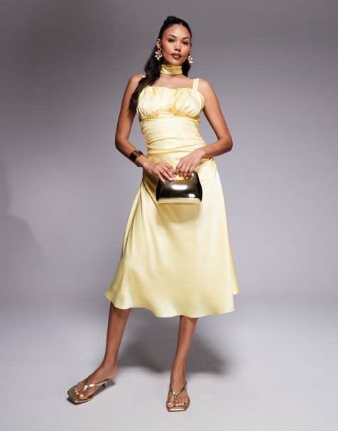 Taideux fuller bust Adrienne boned satin midi dress with ruching and neck scarf in butter yellow - view 1