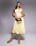 [Taideux] Taideux fuller bust Adrienne boned satin midi dress with ruching and neck scarf in butter yellow M Butter yellow