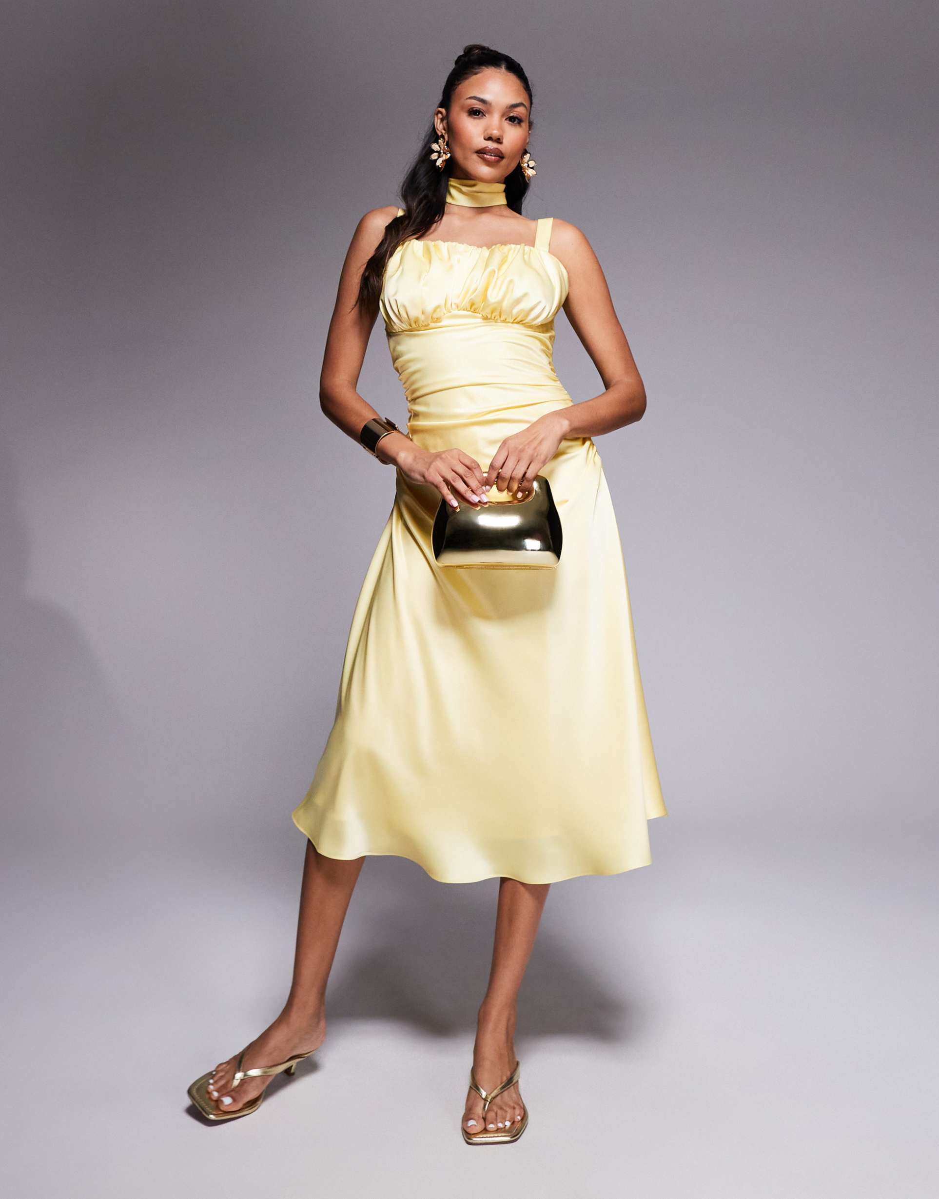 taideux fuller bust adrienne boned satin midi dress with ruching and neck scarf in butter yellow