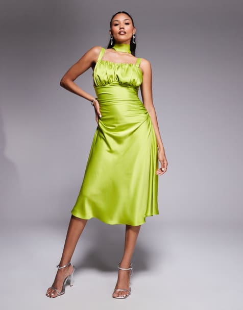 Taideux fuller bust Adrienne boned satin midi dress with ruching and neck scarf in chartreuse - view 1