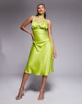 [Taideux] Taideux fuller bust Adrienne boned satin midi dress with ruching and neck scarf in chartreuse-Green S Chartreuse