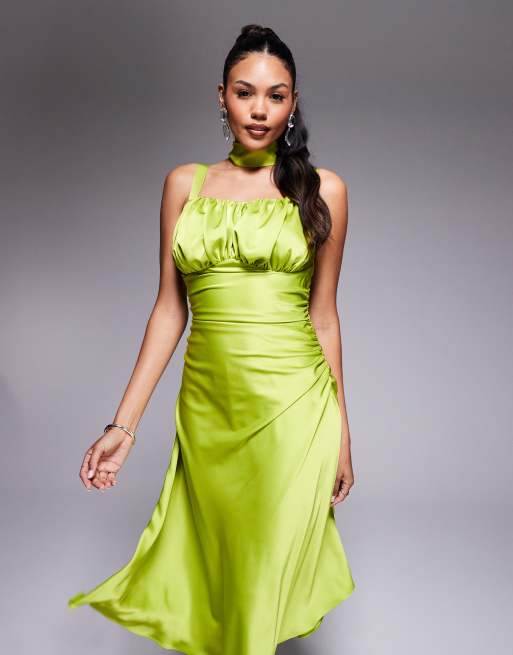 Taideux fuller bust Adrienne boned satin midi dress with ruching and neck scarf in chartreuse, 2 of 4