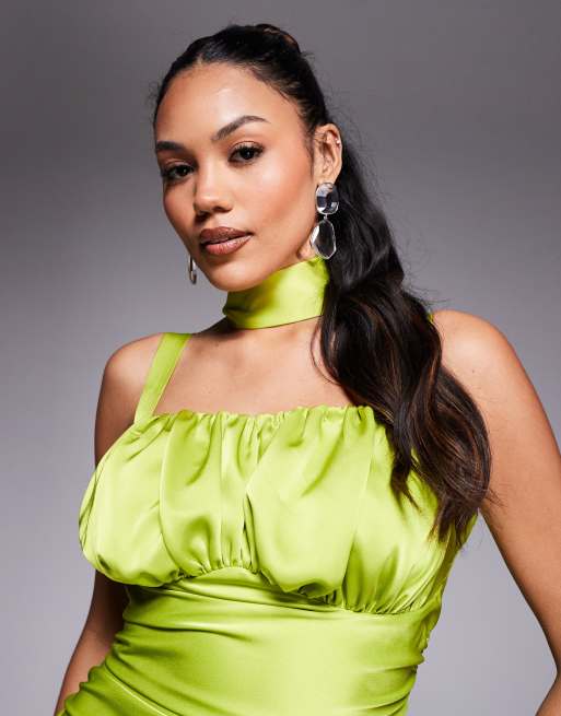 Taideux fuller bust Adrienne boned satin midi dress with ruching and neck  scarf in chartreuse | ASOS