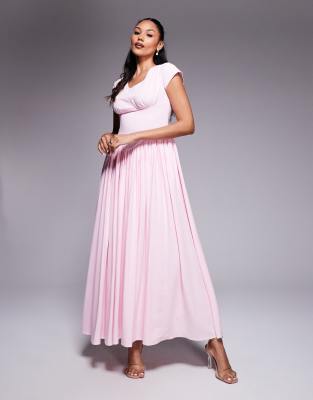 fuller bust Alara maxi linen look dress with boning in pastel pink