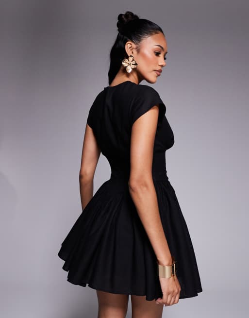 Taideux fuller bust Alara mini linen mix dress with boning in black, 3 of 4