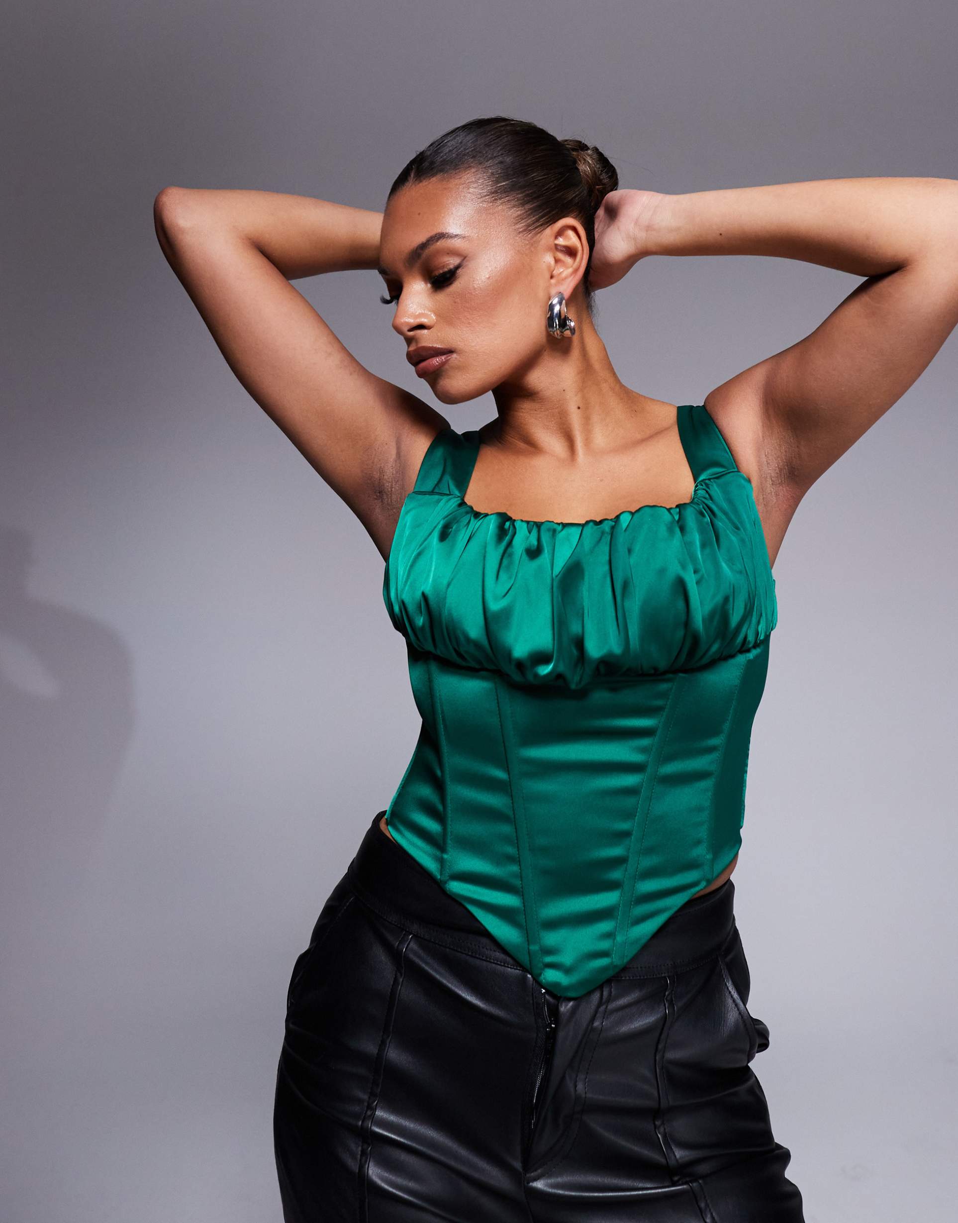taideux fuller bust alyssa satin corset top with boning in emerald green