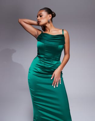 fuller bust Carmen satin midaxi boned corset dress in emerald green