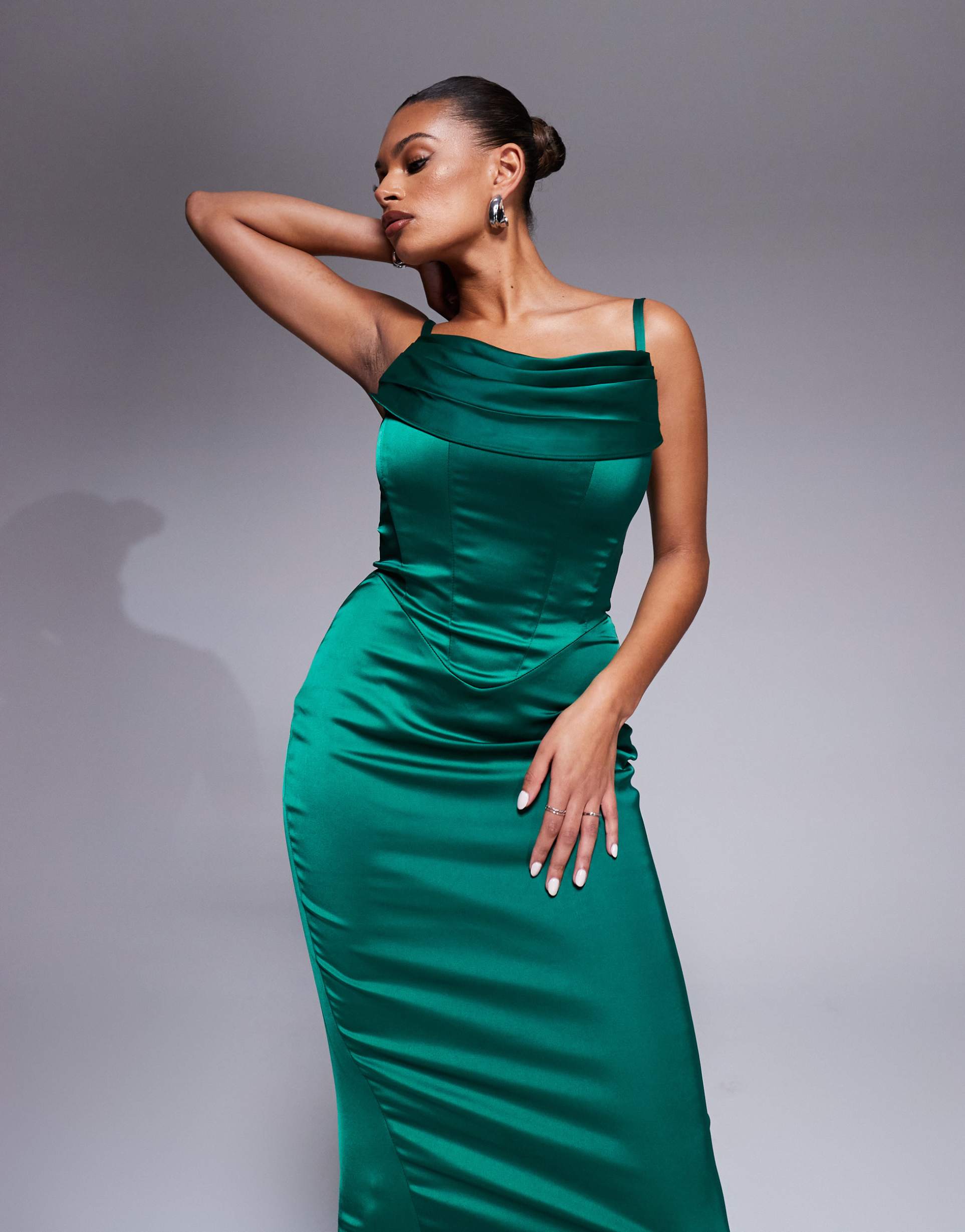 taideux fuller bust carmen satin midaxi boned corset dress in emerald green