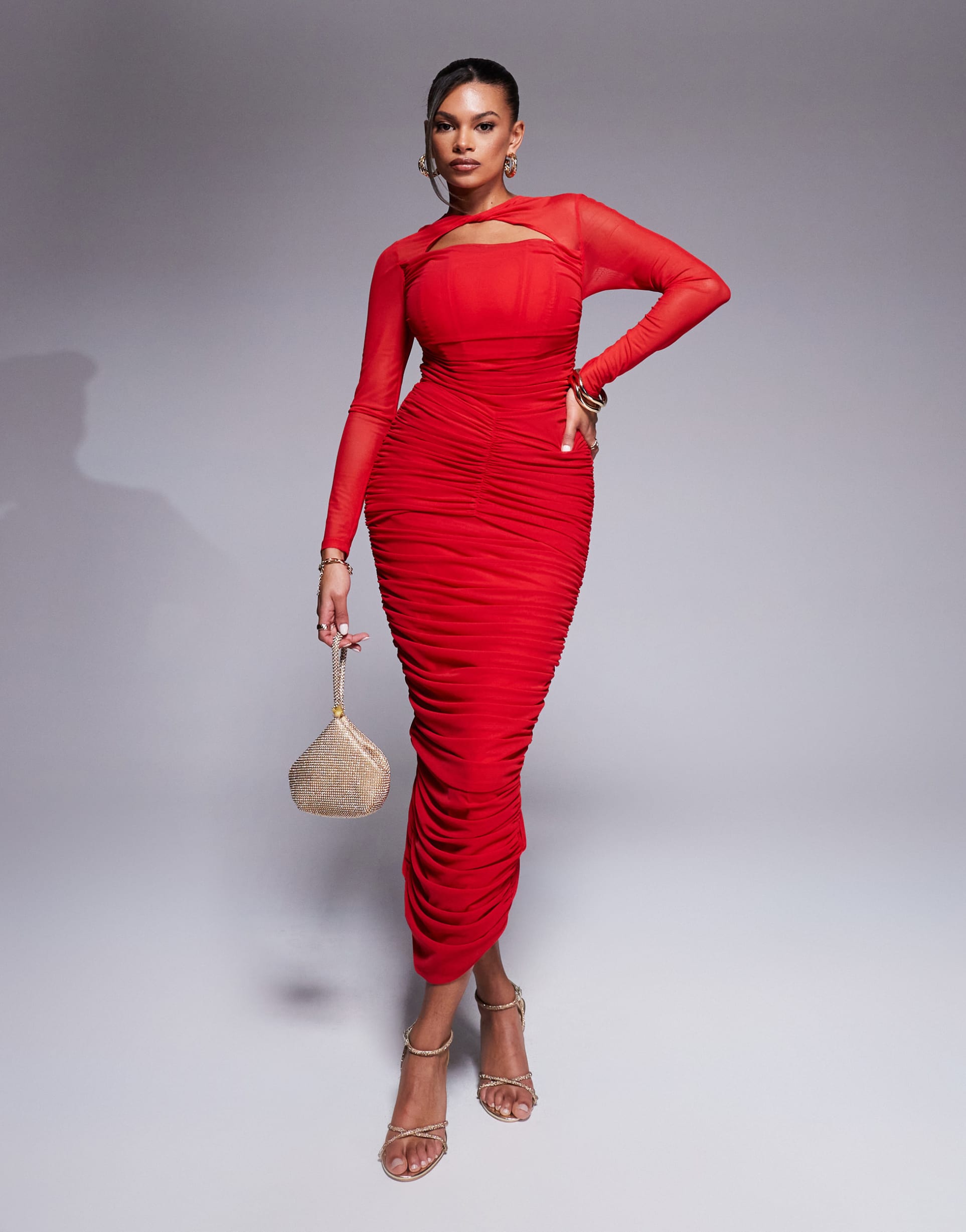 taideux fuller bust genevieve ruched mesh corset midaxi dress in red