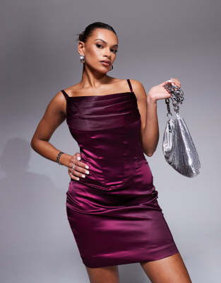 fuller bust Lola satin mini boned corset dress in aubergine-Purple