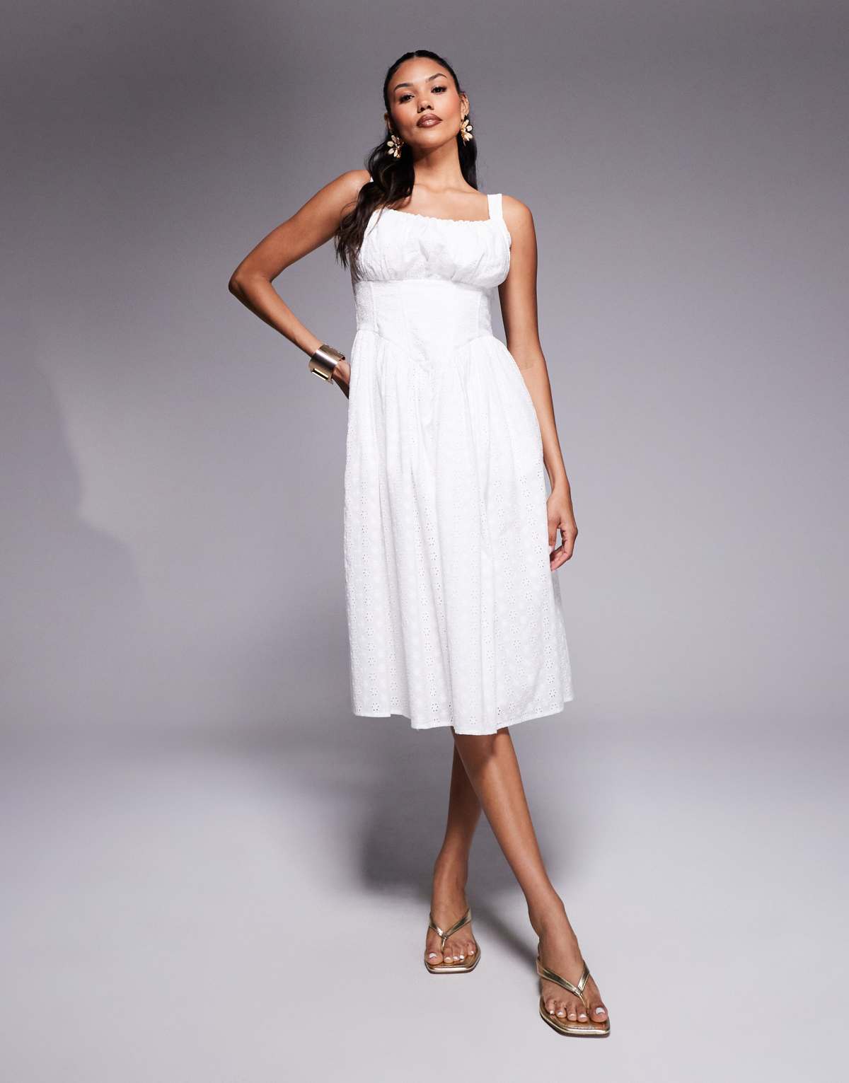 Taideux fuller bust Marie midi broderie dress with ruching and boning in white