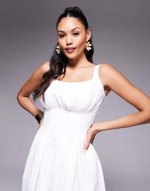 Taideux fuller bust Marie midi eyelet dress with ruching and boning in  white | ASOS